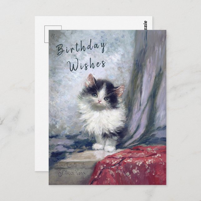 Carte Postale Joyeux Anniversaire Chat Huile Peinture Red Grey | (Devant / Derrière)
