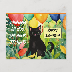 Carte Postale Joyeux anniversaire : chat noir qui ouvre une fête