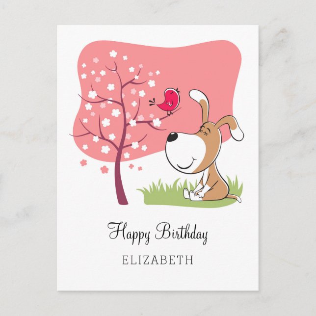 Carte Postale Joyeux Anniversaire Chien Chiot Puppy Oiseau Fleur (Devant)