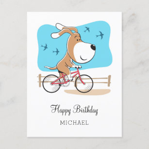 Carte Postale Joyeux Anniversaire Chien Chiot Puppy Vélo équitat