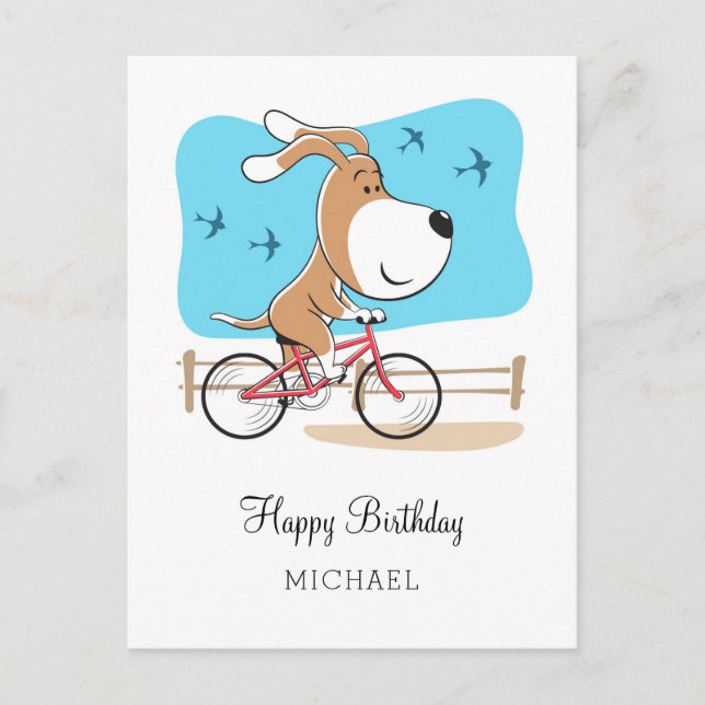 Carte Postale Joyeux Anniversaire Chien Chiot Puppy Vélo équitat (Devant)