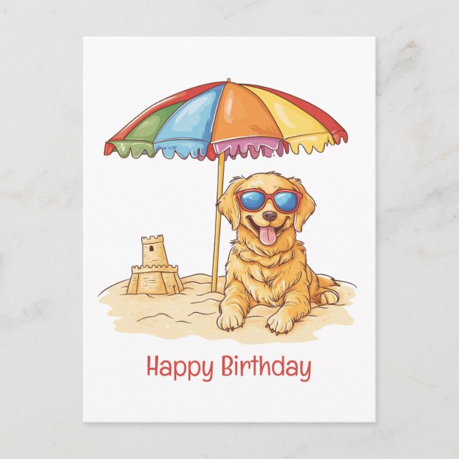 Carte Postale Joyeux Anniversaire Chien de Plage Retriever Doré (Devant)