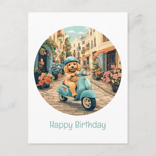 Carte Postale Joyeux Anniversaire Chien Goldendoodle à Trottinet (Devant)