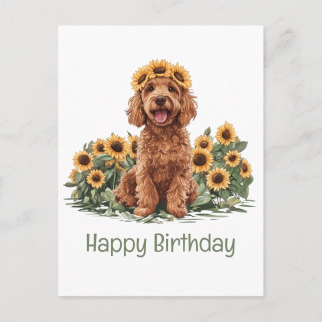 Carte Postale Joyeux Anniversaire Chien Goldendoodle Couronne de (Devant)