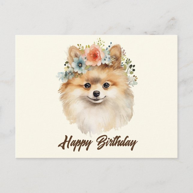 Carte Postale Joyeux Anniversaire Chien Pomeranian Mignon avec d (Devant)