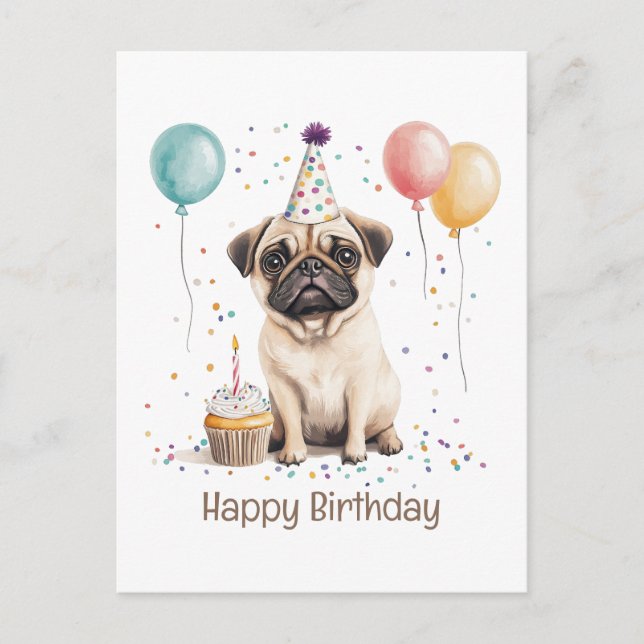 Carte Postale Joyeux Anniversaire Chien Pug (Devant)