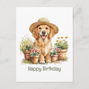 Carte Postale Joyeux Anniversaire Chien Retriever D'or Jardinage