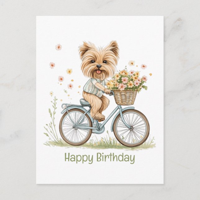 Carte Postale Joyeux Anniversaire Chien Yorkie Vélo Fleurs de Pr (Devant)