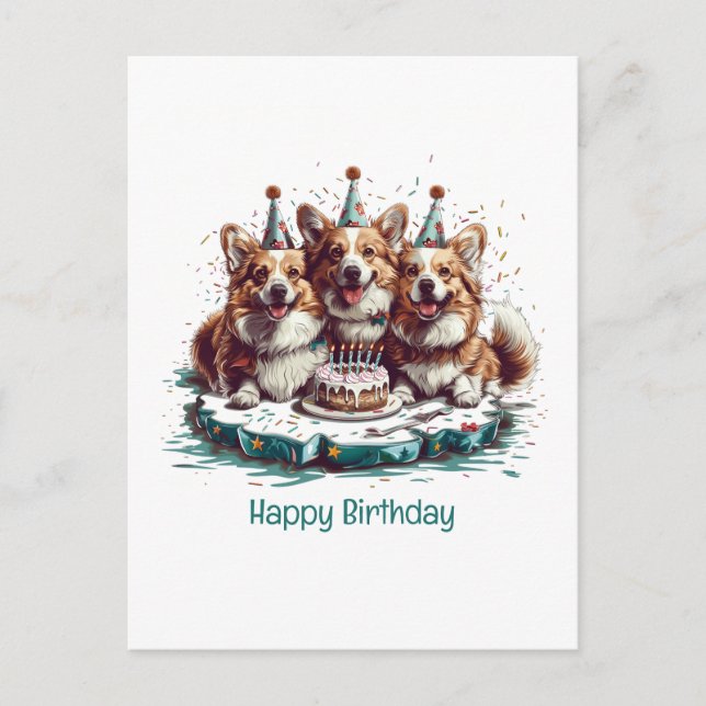 Carte Postale Joyeux Anniversaire Chiens Corgi Gallois de Pembro (Devant)