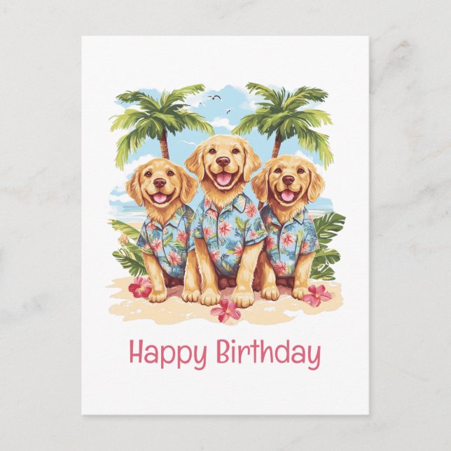 Carte Postale Joyeux Anniversaire Chiens Golden Retriever Hawaïe (Devant)