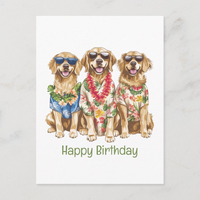 Carte Postale Joyeux Anniversaire Chiens Retriever D'Or Hawaïens (Devant)