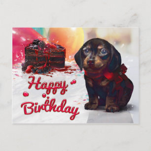 Carte Postale Joyeux Anniversaire Chiot Mignon avec Gâteau