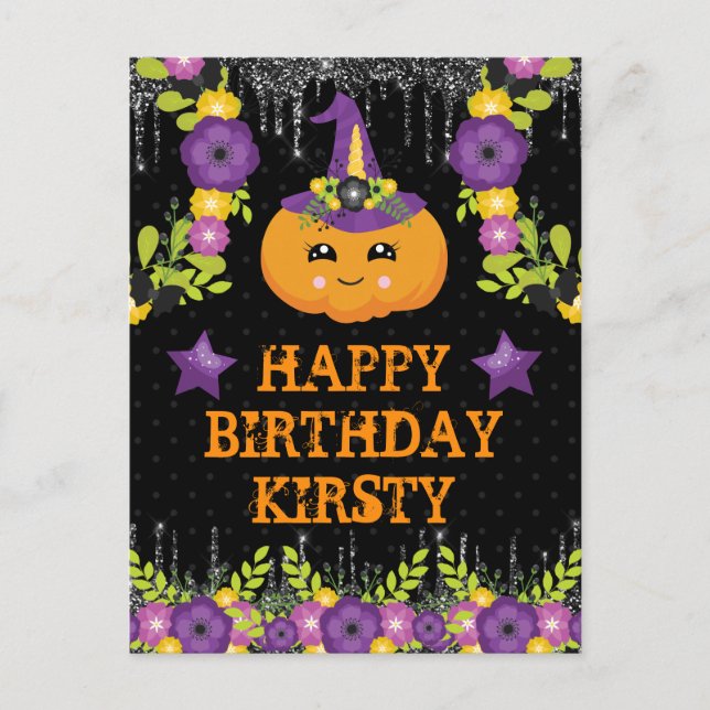Carte Postale Joyeux anniversaire Citrouille Floral Halloween Mi (Devant)