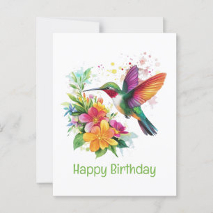 Carte Postale Joyeux Anniversaire Colibri Fleurs Tropicales
