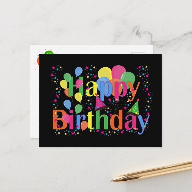 Carte Postale Joyeux Anniversaire, coloré et festif, (Devant/Arrière en situation)
