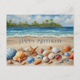 Carte Postale Joyeux Anniversaire Coquillages sur Plage Tropical