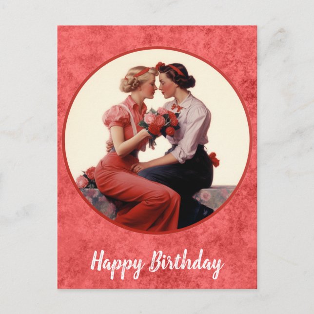 Carte Postale Joyeux Anniversaire Couple Lesbien Vintage (Devant)