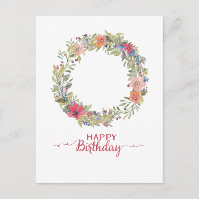 Carte Postale Joyeux Anniversaire Couronne De Fleurs Aquarelle (Devant)