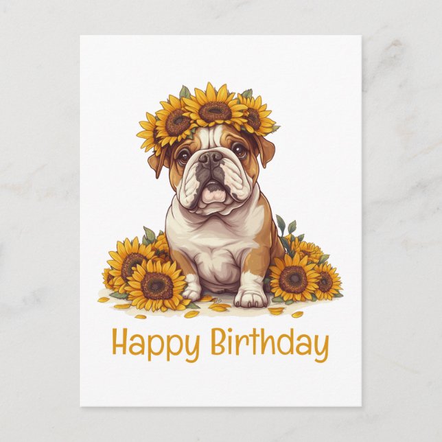 Carte Postale Joyeux Anniversaire Couronne de Tournesol Bulldog  (Devant)