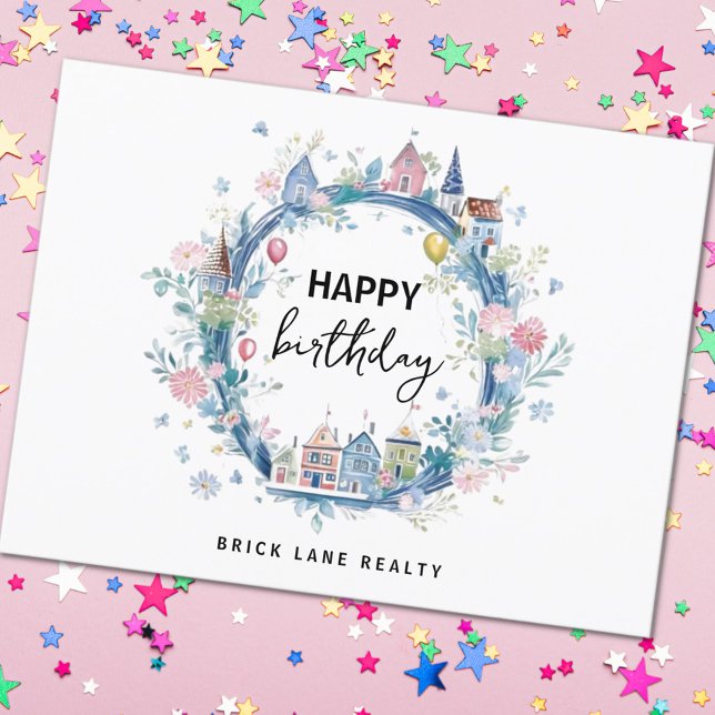 Carte Postale Joyeux Anniversaire Couronne Fleurie Maison Immobi (Happy Birthday Real Estate Postcard)