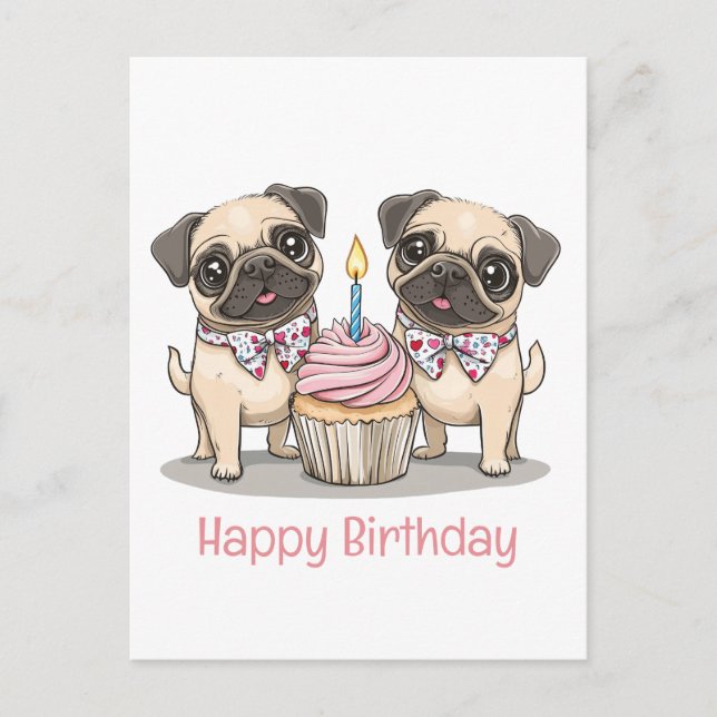 Carte Postale Joyeux Anniversaire Cupcake Chiens Carlin (Devant)