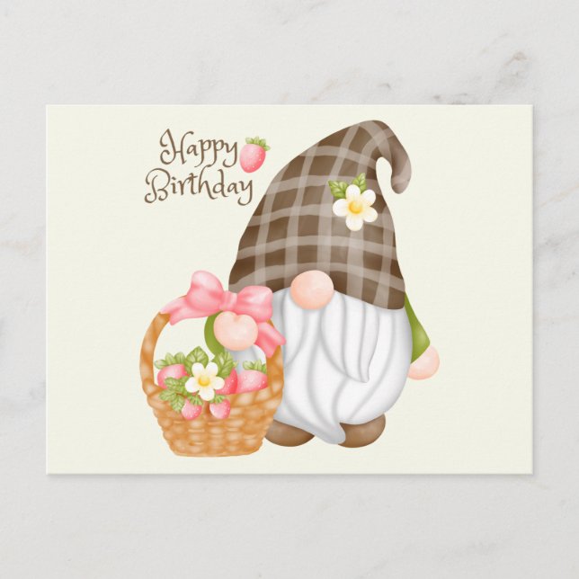 Carte Postale Joyeux Anniversaire Cute Gnome avec panier de frai (Devant)