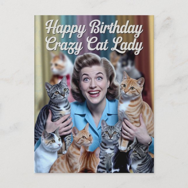 Carte Postale Joyeux Anniversaire Dame Folle de Chats (Devant)