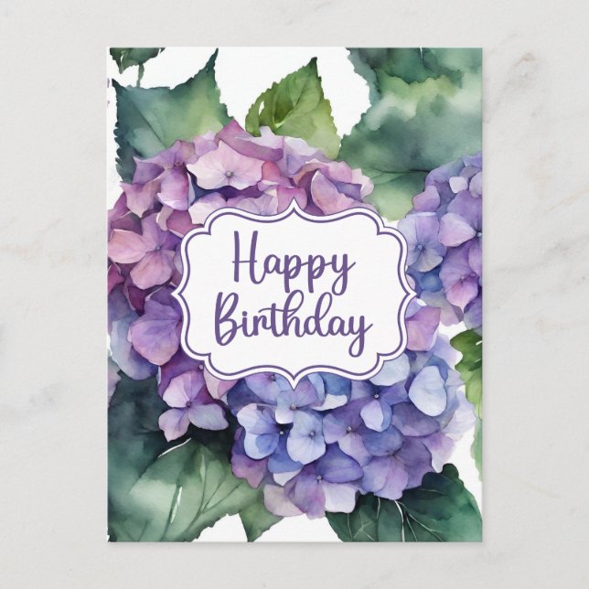 Carte Postale Joyeux Anniversaire de fleurs d'hydrangée violette (Devant)