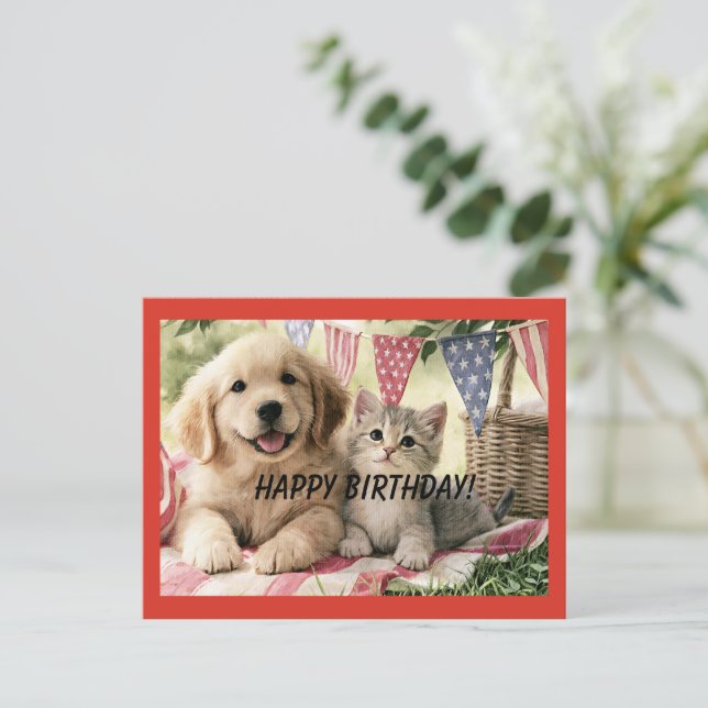 Carte Postale Joyeux anniversaire, des animaux si mignons, (Debout devant)