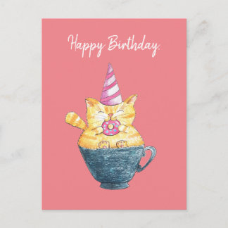 Carte Postale Joyeux anniversaire ! / Dessin de chat amusant