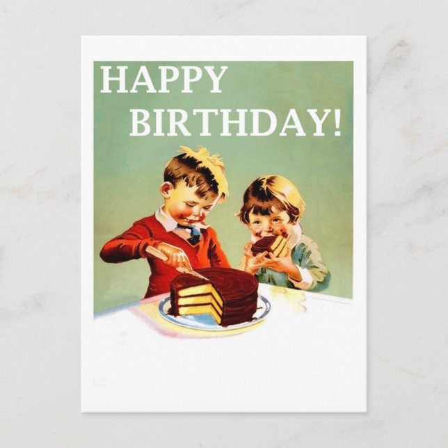 Carte Postale Joyeux anniversaire, deux enfants mangent du gâtea (Devant)