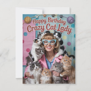 Carte Postale Joyeux Anniversaire drôle rétro Dame Chat Fou
