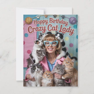Carte Postale Joyeux Anniversaire drôle rétro Dame Chat Fou