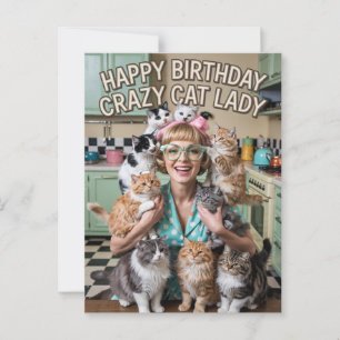 Carte Postale Joyeux Anniversaire drôle rétro Dame Chat Fou