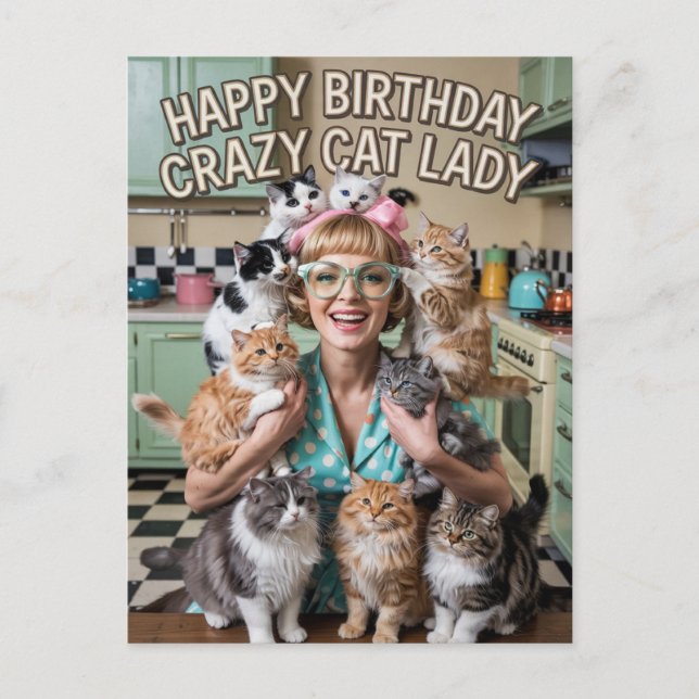 Carte Postale Joyeux Anniversaire drôle rétro folle des chats (Devant)