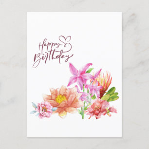 Carte Postale Joyeux Anniversaire Élégant Floral Aquarelle
