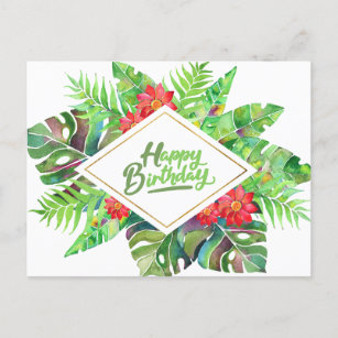 Carte Postale Joyeux anniversaire Feuilles tropicaux et fleurs