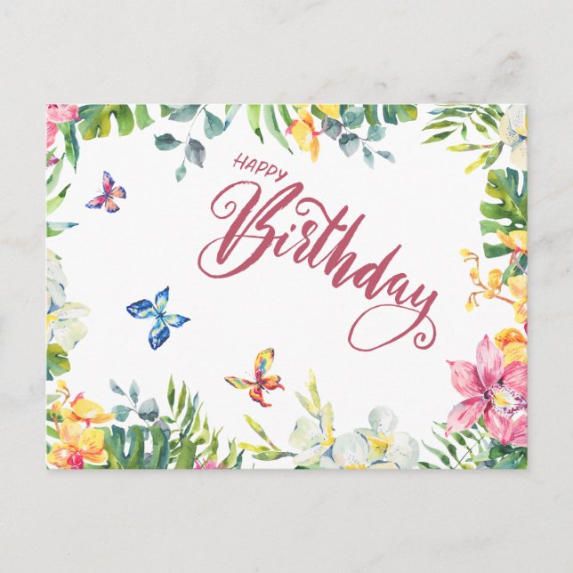 Carte Postale Joyeux Anniversaire Feuilles tropicaux, Fleurs, Pa (Devant)
