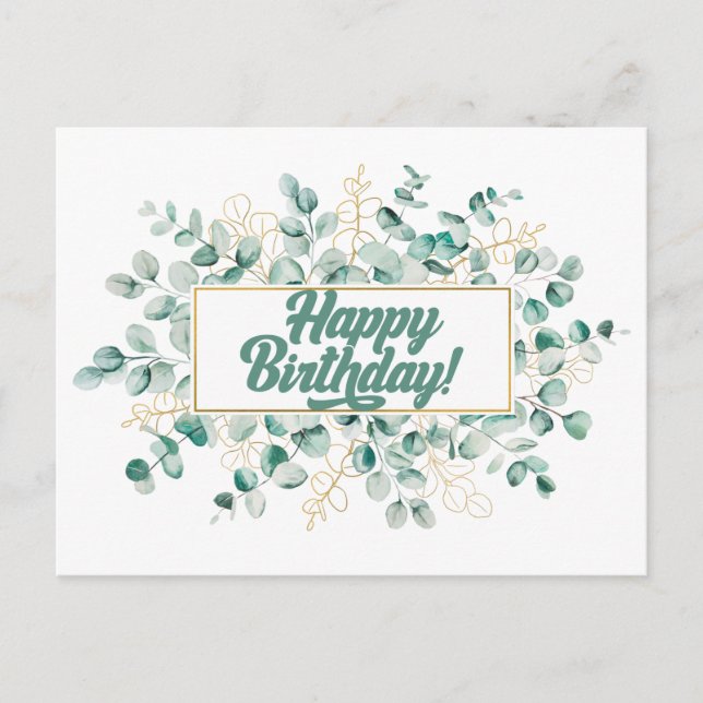 Carte Postale Joyeux Anniversaire Feuilles verts et Golden Eucal (Devant)
