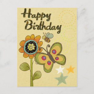 Carte Postale Joyeux Anniversaire Fleur Papillon Abeille Nature