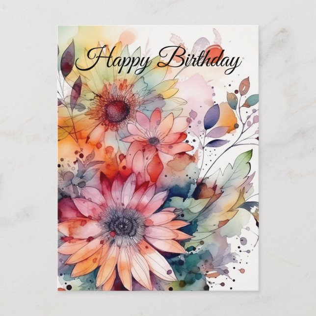 Carte Postale Joyeux Anniversaire Fleurs Abstrait Aquarelle  (Devant)