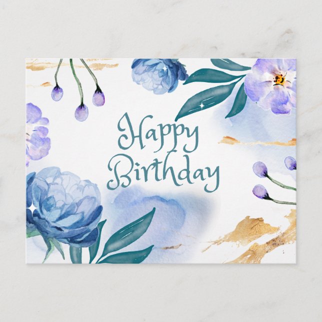 Carte Postale Joyeux Anniversaire Fleurs Aquarelle Bleues et Vio (Devant)