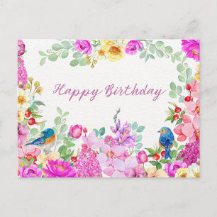 Carte Postale Joyeux Anniversaire Fleurs Aquarelle Vibrantes 