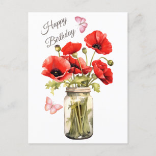 Carte Postale Joyeux Anniversaire Fleurs Coquelicots Rouges 