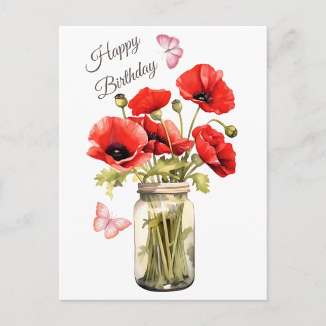 Carte Postale Joyeux Anniversaire Fleurs de Coquelicot Rouges  (Devant)