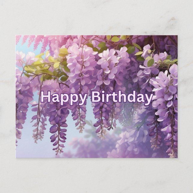 Carte Postale Joyeux Anniversaire Fleurs de glycine violette (Devant)