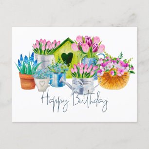 Carte Postale Joyeux Anniversaire Fleurs de Jardin Aquarelle - T