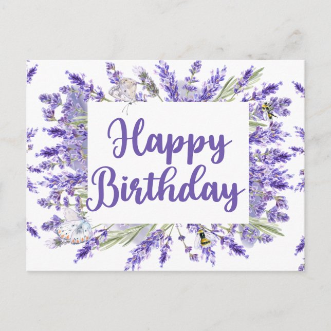 Carte Postale Joyeux Anniversaire Fleurs de Lavande Aquarelle (Devant)