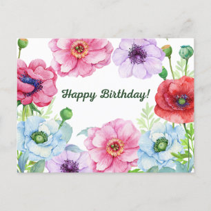 Carte Postale Joyeux Anniversaire Fleurs de Pavot Aquarelle