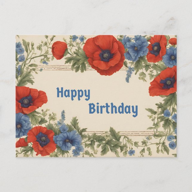 Carte Postale Joyeux Anniversaire Fleurs de Pavot Rouges et Bleu (Devant)